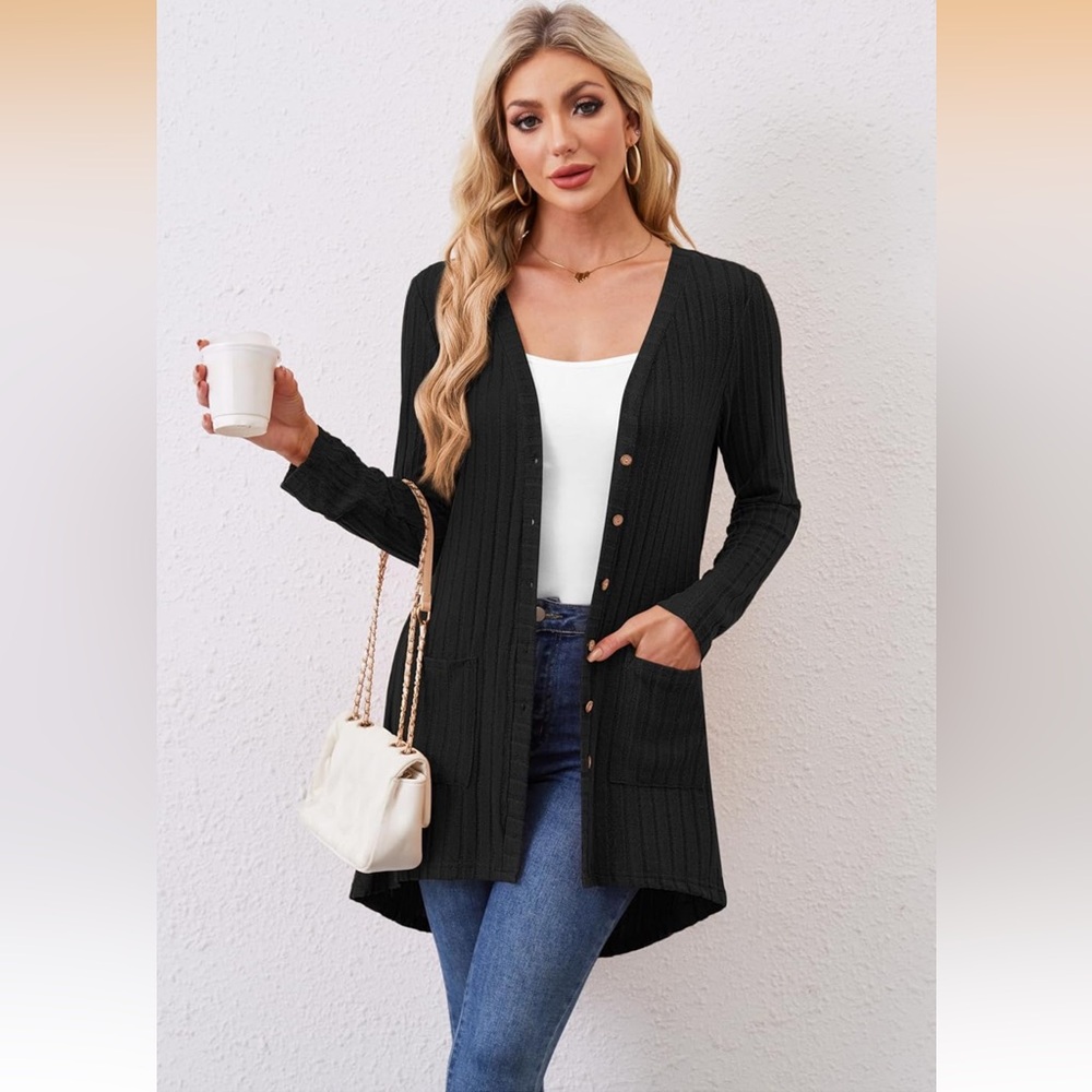 NWT 🖤 OVERSIZED LONG BLACK LIGHTWEIGHT KNIT CARDIGAN SWEATER Women’s XL 20/22 - Picture 3 of 12
